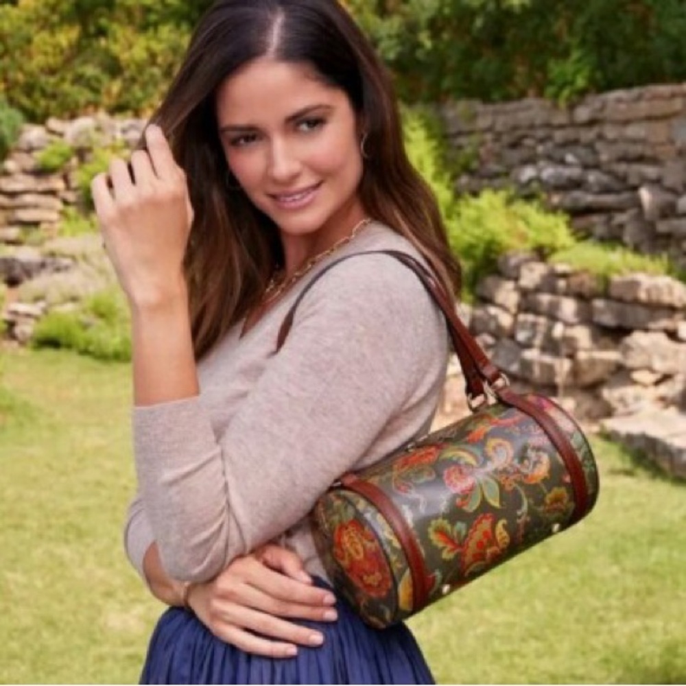 Rare Patricia Nash Binetto Barrel Shoulder Bag with Brown Trim and dust bag